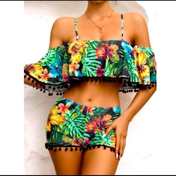 Stylemaker Sexy Pom Pom 2 Piece Tropical Swimsuit - Picture 1 of 3